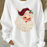 White women’s crewneck sweatshirt with pearl Santa face print and long sleeves