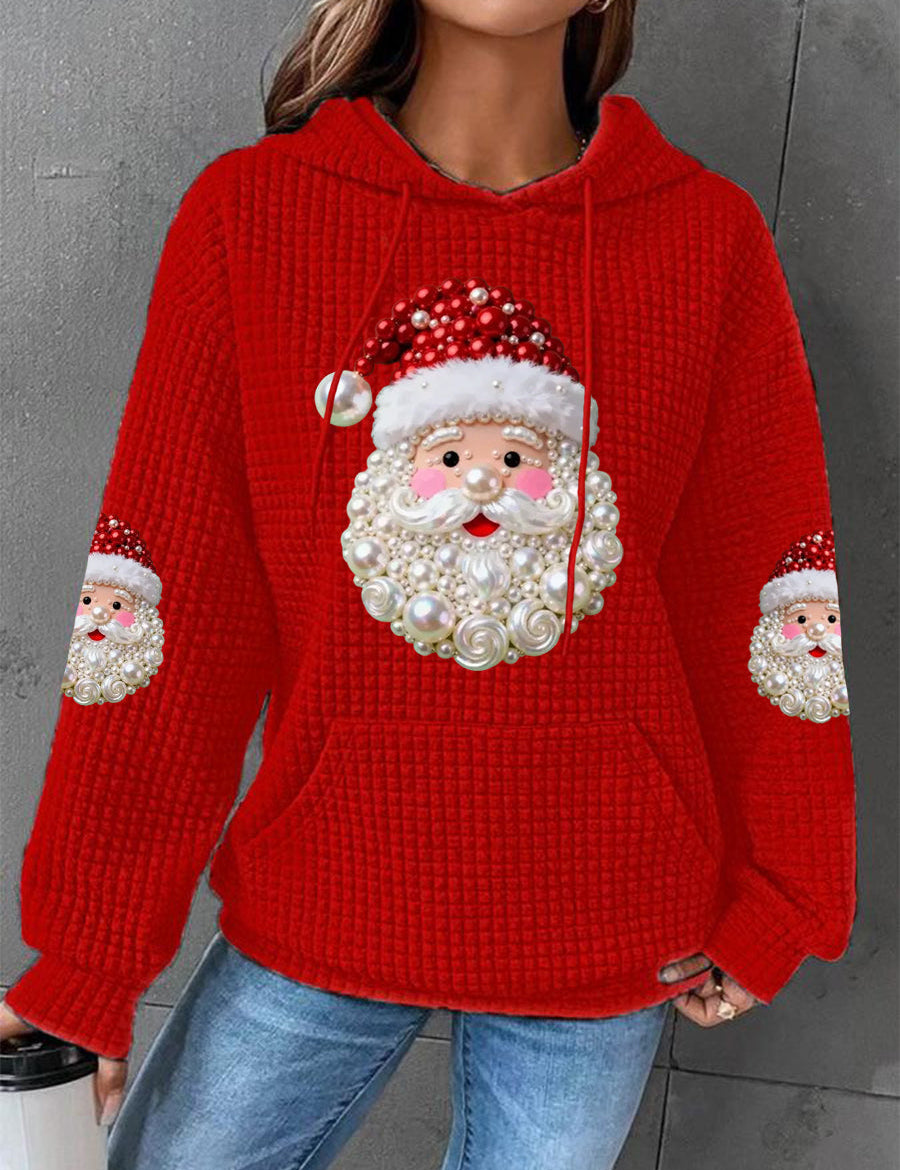 Red knit waffle hoodie with Santa Claus graphic and pearl-like bead accents