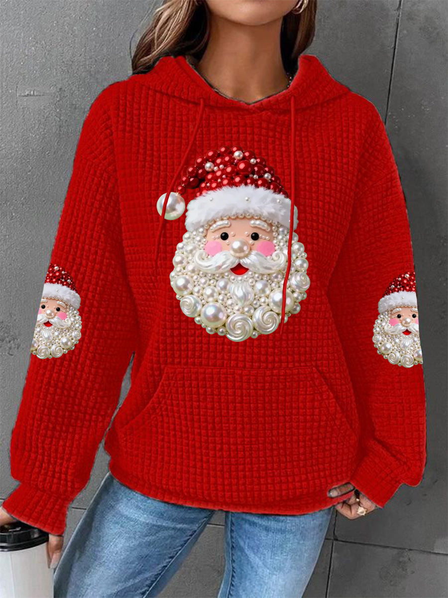 Red knit waffle hoodie with Santa Claus graphic and pearl-like bead accents