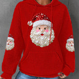 Red knit waffle hoodie with Santa Claus graphic and pearl-like bead accents