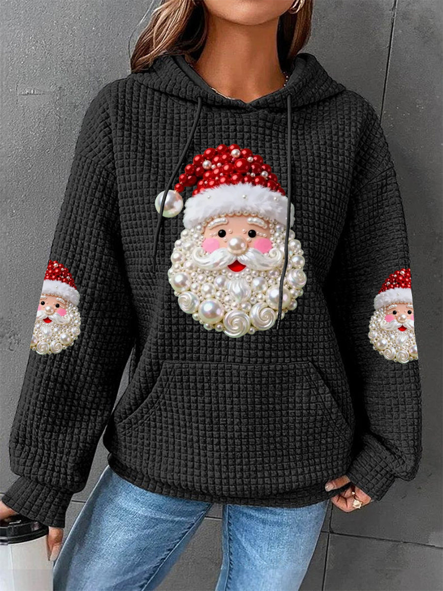Black knit waffle hoodie with Santa Claus graphic and pearl-like bead accents