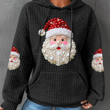 Black knit waffle hoodie with Santa Claus graphic and pearl-like bead accents