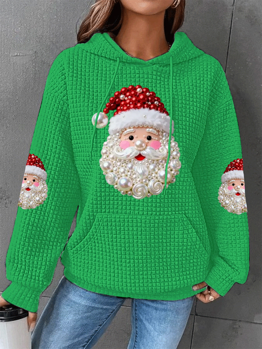 Green knit waffle hoodie with Santa Claus graphic and pearl-like bead accents