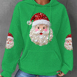 Green knit waffle hoodie with Santa Claus graphic and pearl-like bead accents