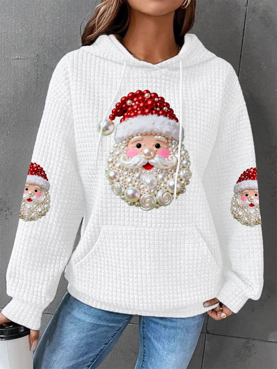 White knit waffle hoodie with Santa Claus graphic and pearl-like bead accents