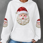 White knit waffle hoodie with Santa Claus graphic and pearl-like bead accents