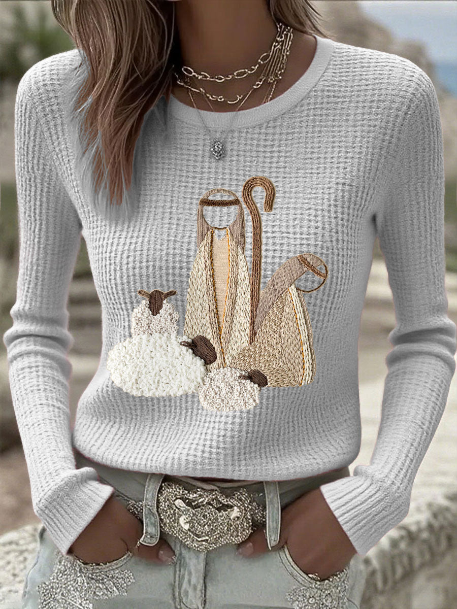 Women’s knit top with nativity scene applique, long sleeves, crew neck, beige-white
