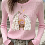 Pink waffle-knit women's nativity embroidered long-sleeve top