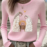 Pink waffle-knit women's nativity embroidered long-sleeve top