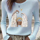 Light blue waffle-knit women's Christmas nativity long-sleeve top