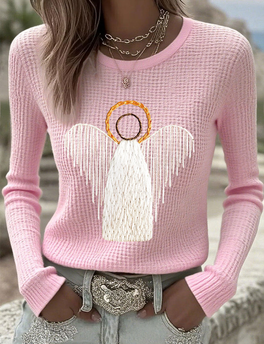 Pink knit sweater with angel nativity graphic, long sleeves
