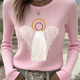 Pink knit sweater with angel nativity graphic, long sleeves