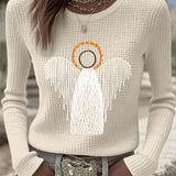 Beige knit sweater with angel nativity graphic, long sleeves