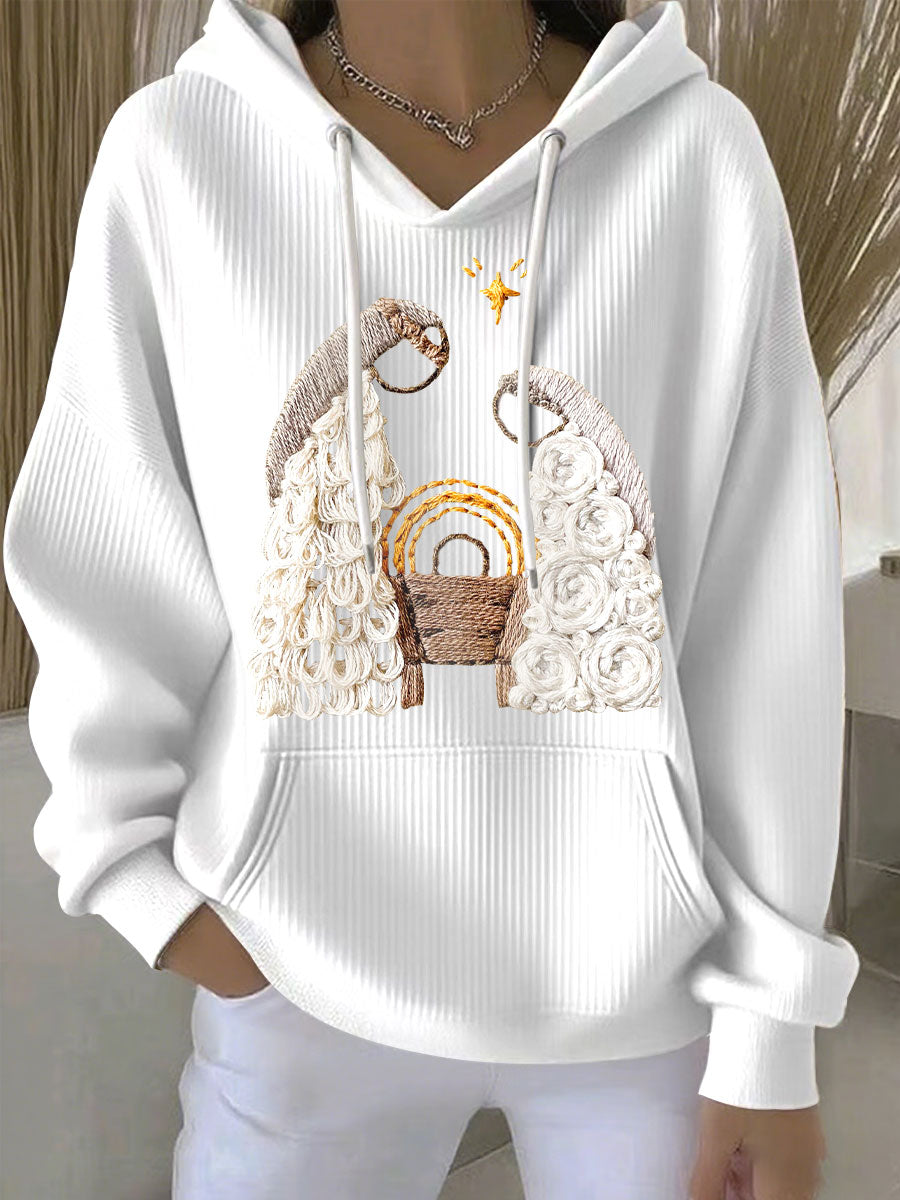 White ribbed women’s hoodie with embroidered nativity scene, hood and drawstrings