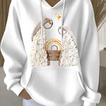 White ribbed women’s hoodie with embroidered nativity scene, hood and drawstrings