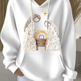 White ribbed women’s hoodie with embroidered nativity scene, hood and drawstrings