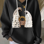 Black ribbed women’s hoodie with embroidered nativity scene and drawstring hood