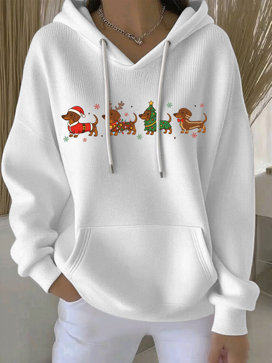 White women's Christmas graphic pullover hoodie with hood, white drawstrings, front print