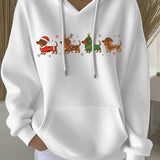 White women's Christmas graphic pullover hoodie with hood, white drawstrings, front print