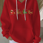 Red women's Christmas graphic pullover hoodie with hood, white drawstrings, front print