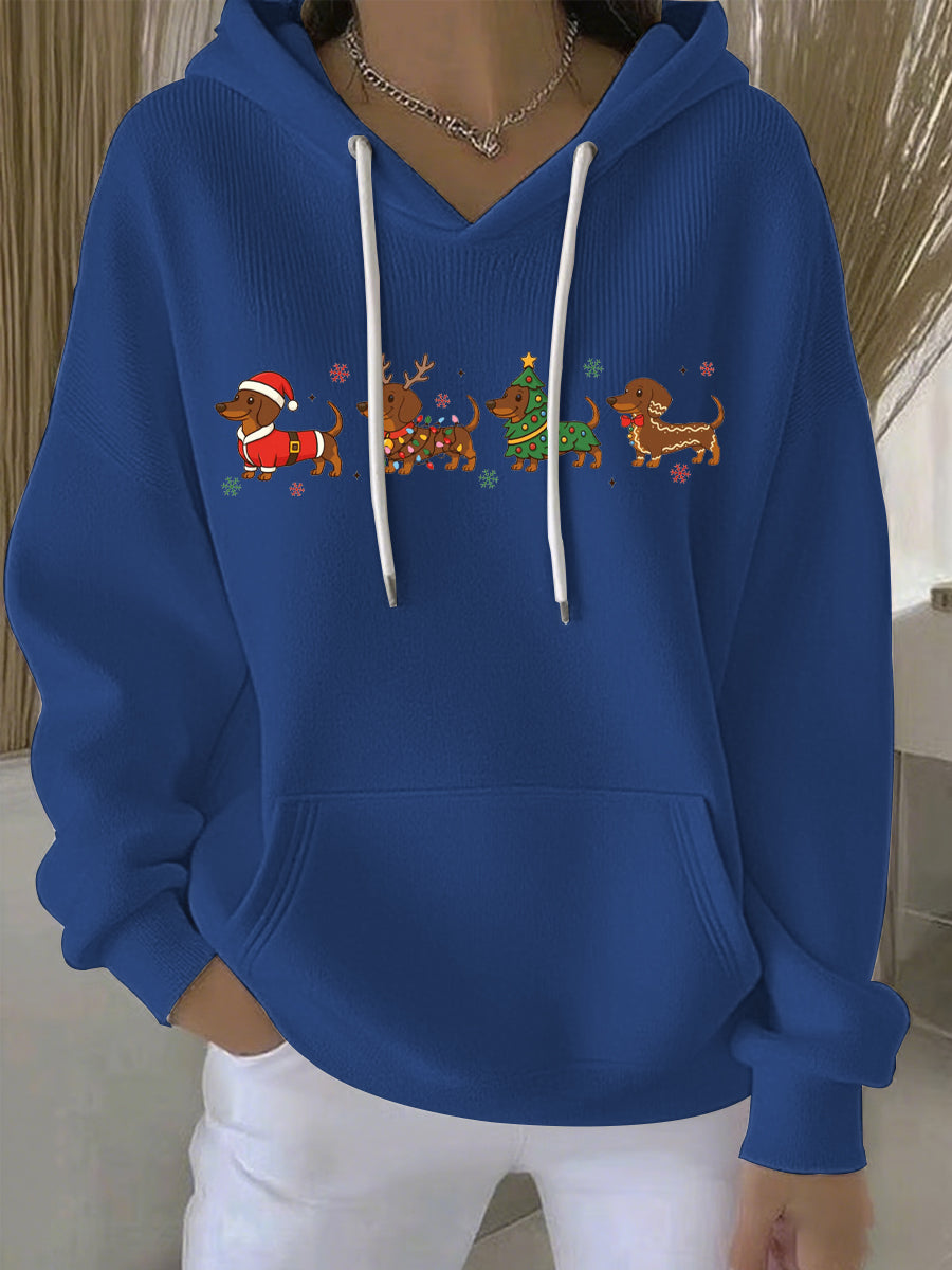 Blue women's Christmas graphic pullover hoodie with hood, white drawstrings, front print