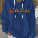 Blue women's Christmas graphic pullover hoodie with hood, white drawstrings, front print