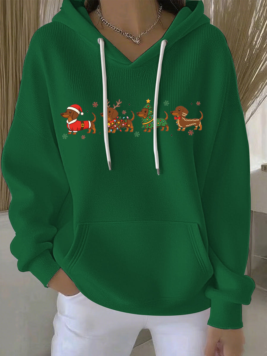 Green women's Christmas graphic pullover hoodie with hood, white drawstrings, front print