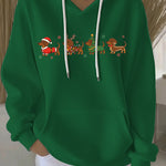 Green women's Christmas graphic pullover hoodie with hood, white drawstrings, front print