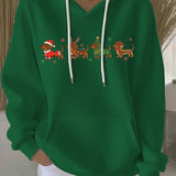 Green women's Christmas graphic pullover hoodie with hood, white drawstrings, front print