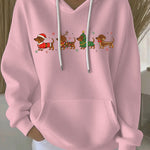 Pink women's Christmas graphic pullover hoodie with hood, white drawstrings, front print