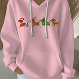 Pink women's Christmas graphic pullover hoodie with hood, white drawstrings, front print