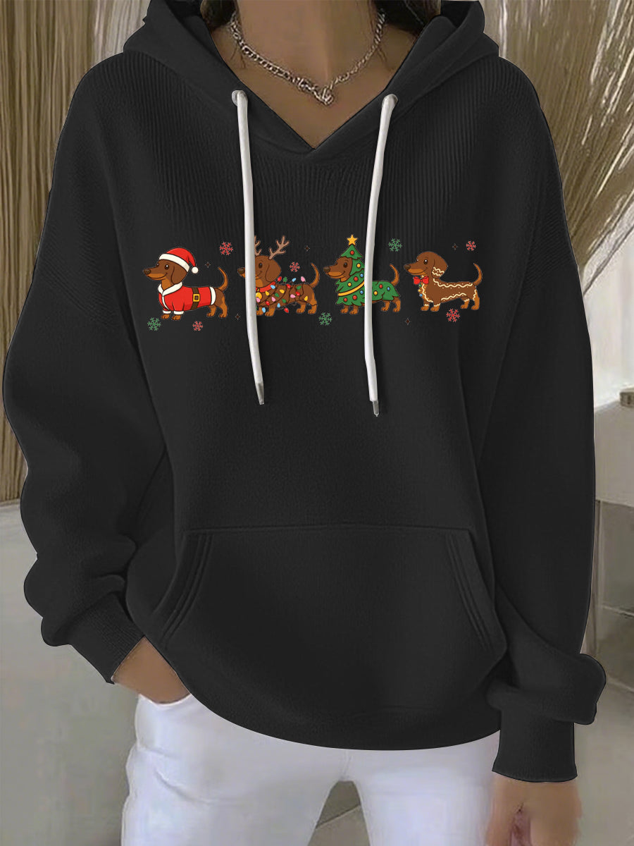 Black women's Christmas graphic pullover hoodie with hood, white drawstrings, front print