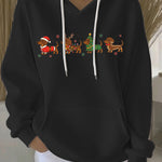 Black women's Christmas graphic pullover hoodie with hood, white drawstrings, front print