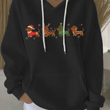 Black women's Christmas graphic pullover hoodie with hood, white drawstrings, front print