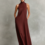 Schwarzes Damen-Maxikleid mit Stehkragen und Seitentaschen, zeitloses, minimalistisches Freizeitkleid