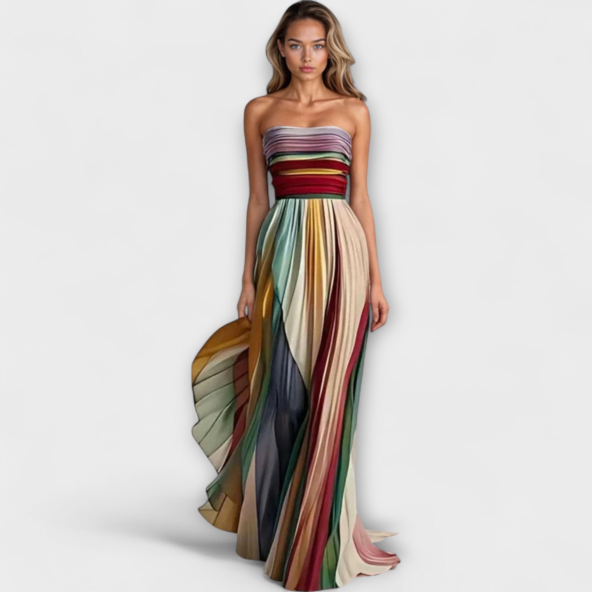 Multicolor strapless maxi dress with striped top and long pleated skirt