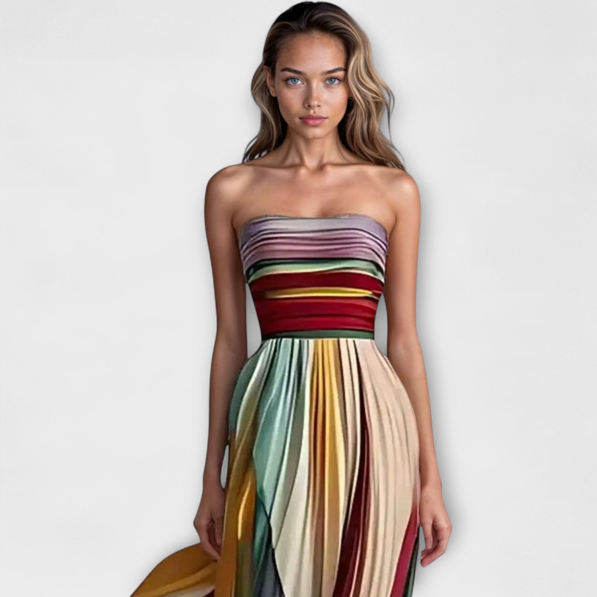 Multicolor sleeveless dress with striped bandeau bodice and pleated flowing skirt