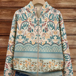 Sybilla women's knit cardigan with floral pattern, stand collar, zip front; front view