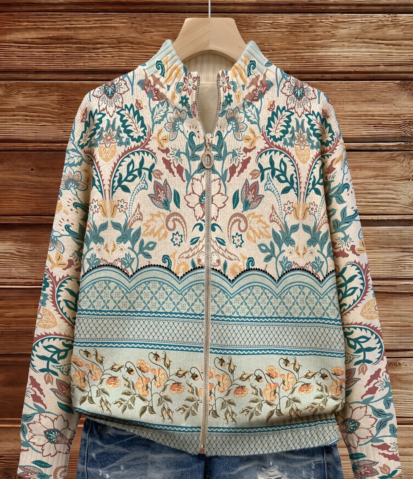 Sybilla women's knit cardigan with floral pattern, stand collar, zip front; front view