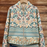 Sybilla women's knit cardigan with floral pattern, stand collar, zip front; front view