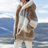 Keithy color-block sherpa jacket with tan and cream patches, zip-front hood