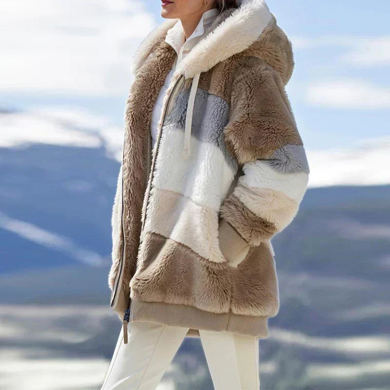 Keithy color-block sherpa jacket with tan and cream patches, zip-front hood
