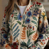 Women’s floral knit cardigan with front zipper and long sleeves