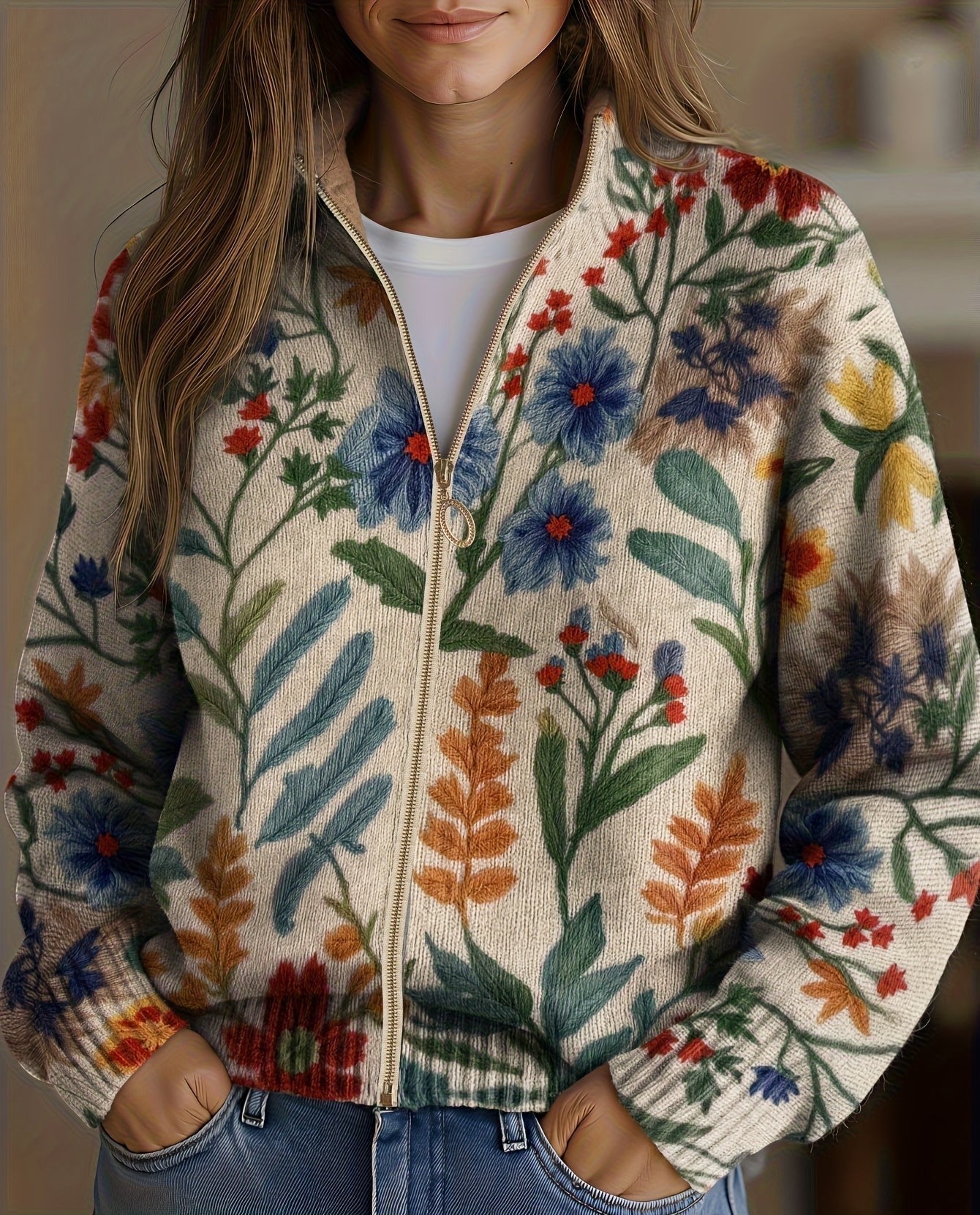 Women’s floral knit cardigan with front zipper and long sleeves
