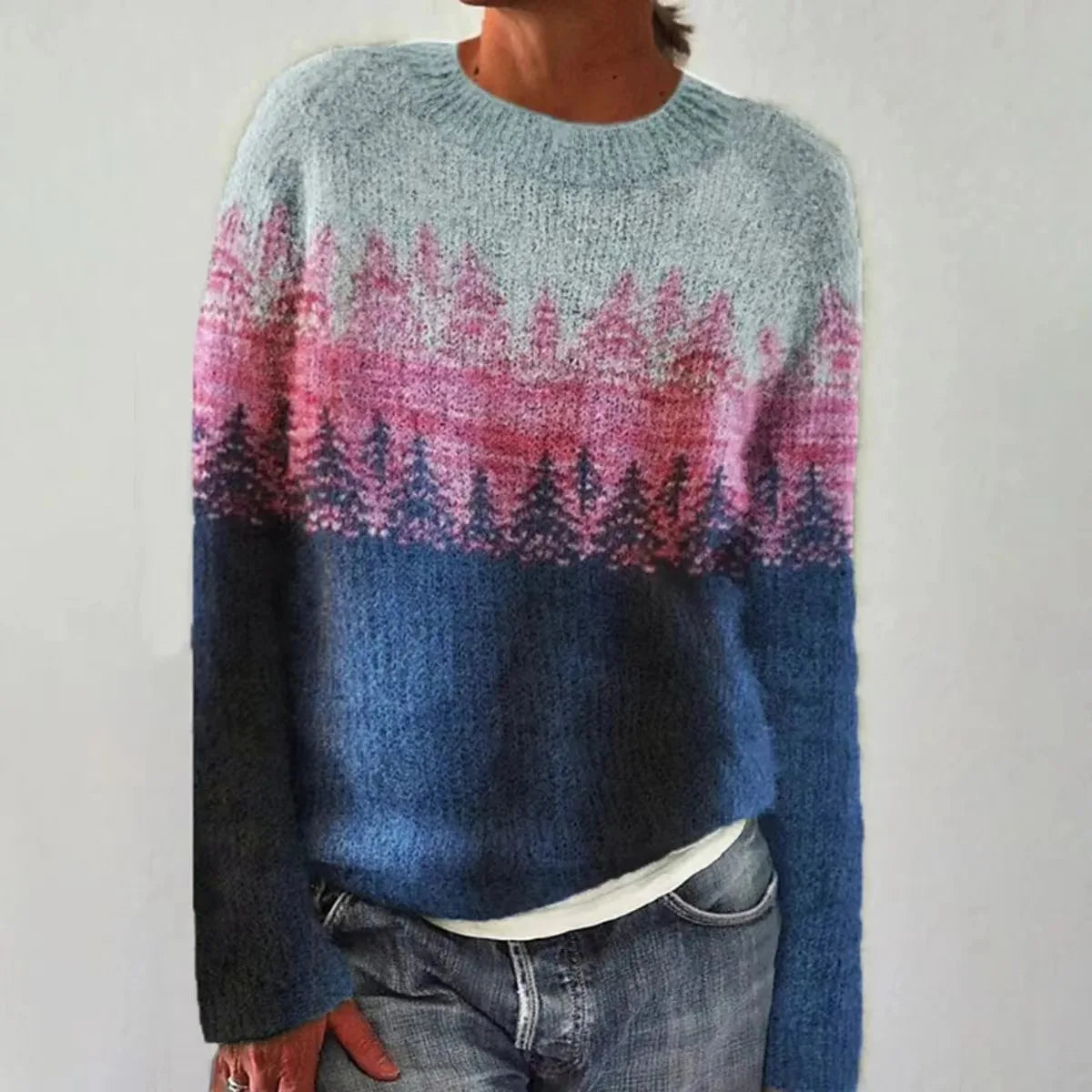 Gray and blue retro pullover sweater with pink graphic scenic pattern, crew neck