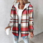 Isabella™ red plaid hooded jacket with button front and long sleeves
