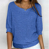 Eunice™ knit top in blue; relaxed fit, boat neckline, elbow-length sleeves, ribbed cuffs.