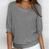 Eunice™ knit top in gray; relaxed fit, boat neckline, elbow-length sleeves, ribbed cuffs.