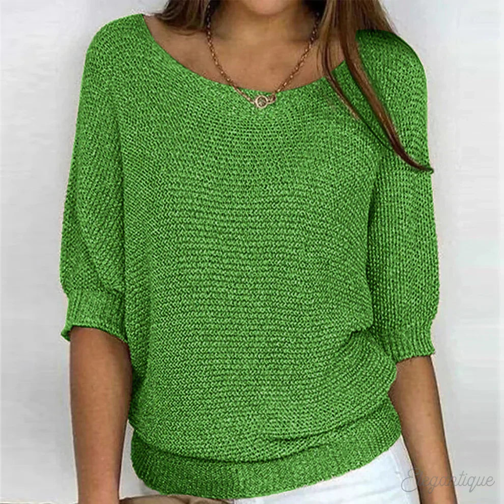 Eunice™ knit top in green; relaxed fit, boat neckline, elbow-length sleeves, ribbed cuffs.