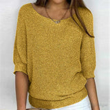 Eunice™ knit top in yellow; relaxed fit, boat neckline, elbow-length sleeves, ribbed cuffs.